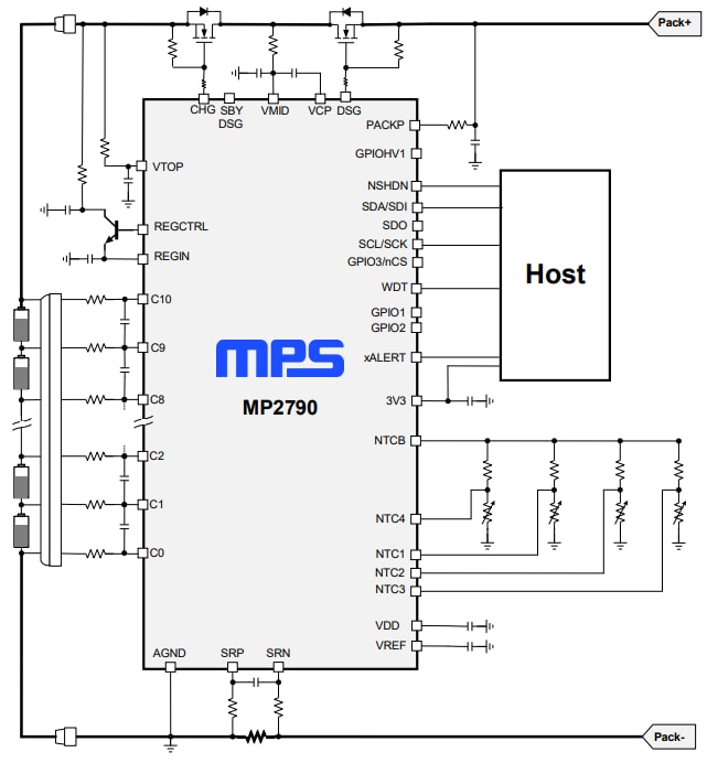 Application Circuit Diagram - Monolithic Power Systems (MPS) MP2790 High-Accuracy Battery Management ICs